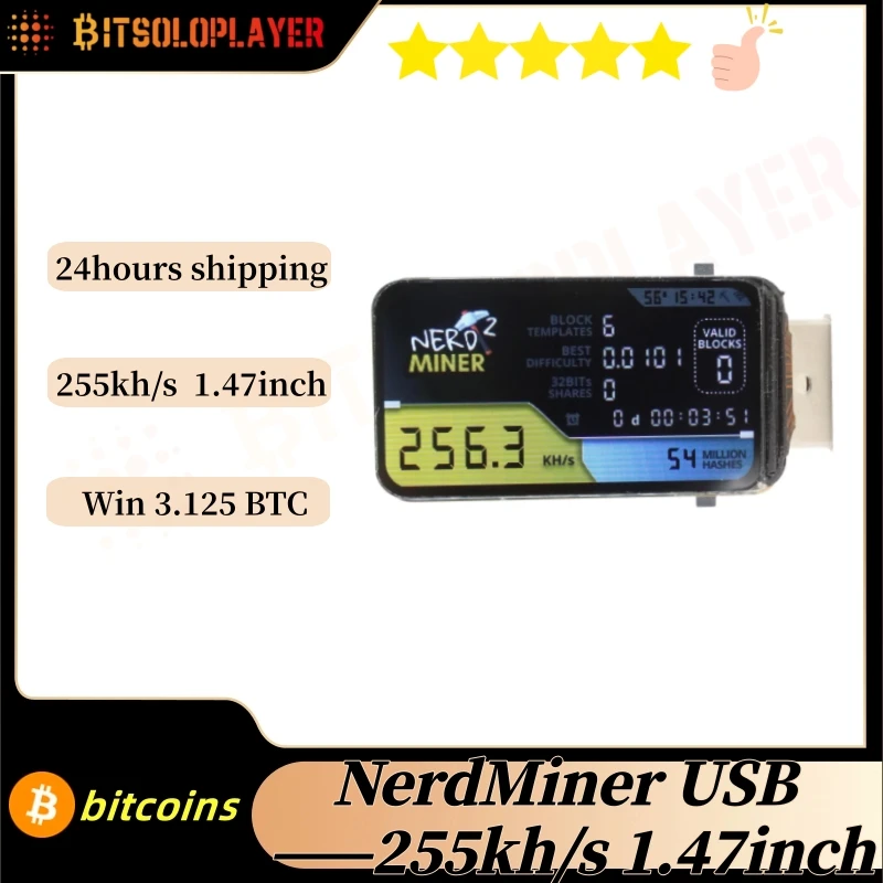 NerdMiner USB Bitcoin Miner ESP32-S3-LCD-1.47 inch 255kh/s Mini BTC Solo Lottery Mining Machine DIY Crypto Miner