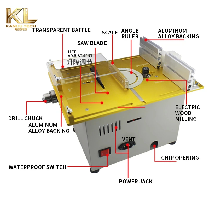 T7 Mini Table Saw Woodworking Cutting Machine 0-180° Angle Fence Blade Lift 7 Speed Inverted Wood Router DC12-24V view 3