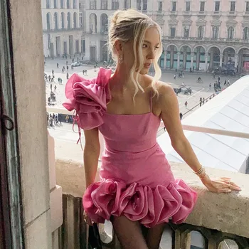 SERENDIPIDTY-vestido de satén rosa claro de un hombro, minivestido de longitud naranja y Mate, volantes, sin mangas, espalda abierta, vestidos de fiesta