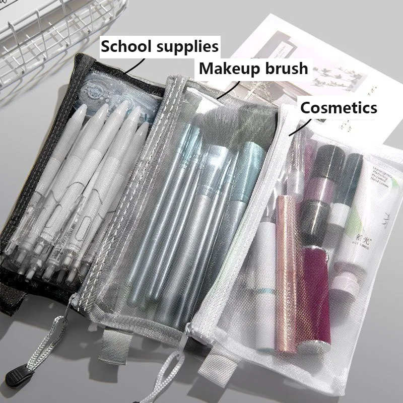 3-teiliges transparentes Federmäppchen mit Reißverschluss-Nylon-Netztasche zur Aufbewahrung von Schreibwaren, geeignet für Schul- und Bürobedarf, Cosm