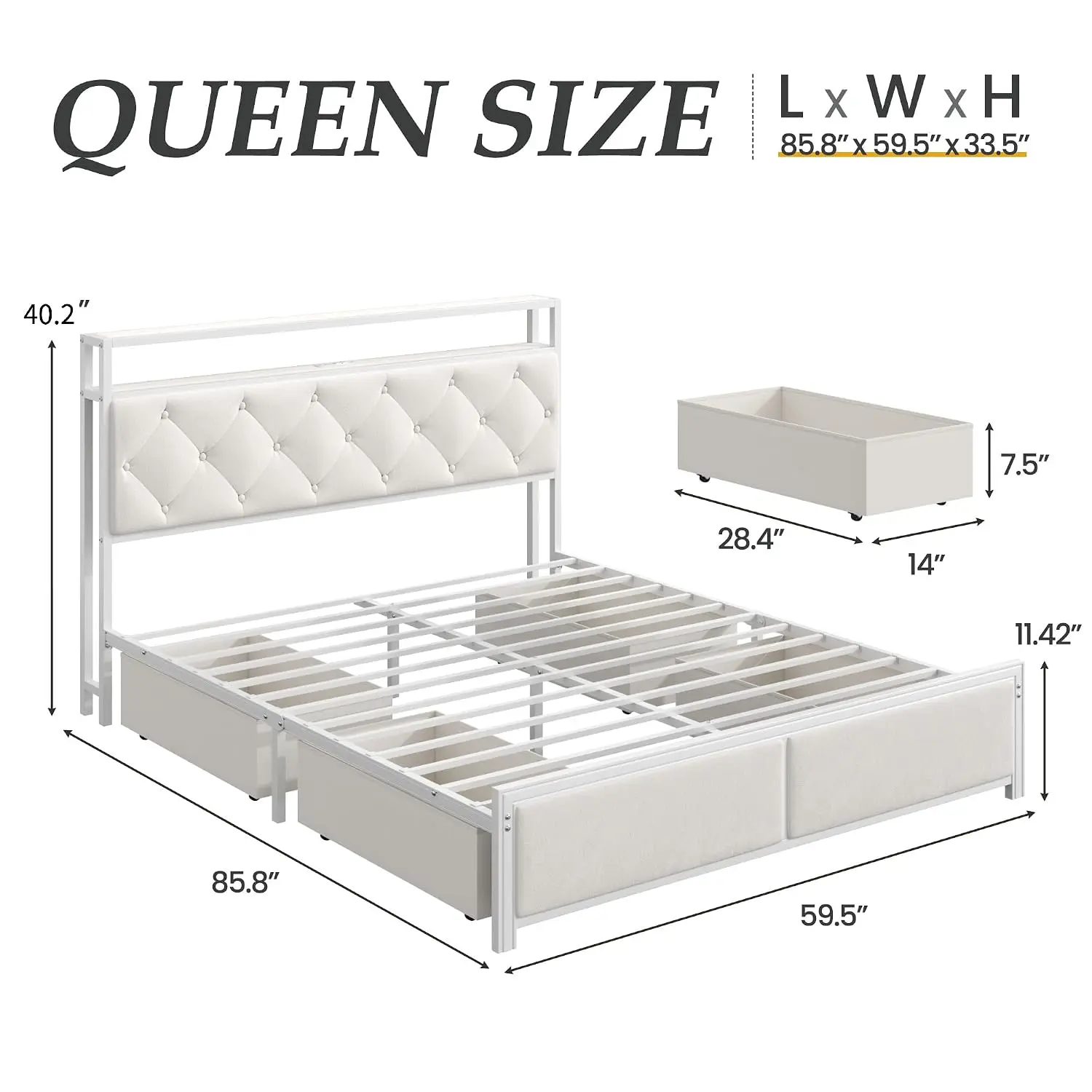 Queen Bed Frame with Headboard, Storage Drawers, Fast Charging Station, Led Lights, Bed Frame Queen Size, Customized