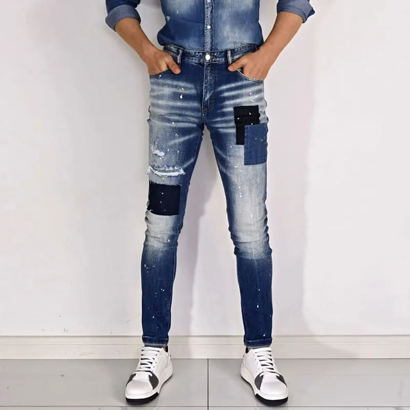 Men Deep Blue Washed Ripped Skinny Jeans Mid Waist With Patch Splatter Paint Stretch Slim Fit Denim Casual Long Trousers