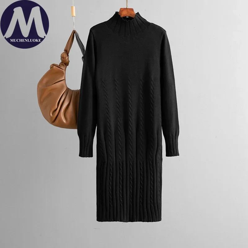 فساتين نسائية أنيقة للخريف والشتاء بأكمام طويلة ورقبة وهمية فستان محبوك موضة غير رسمية فضفاضة وسميكة للدفء