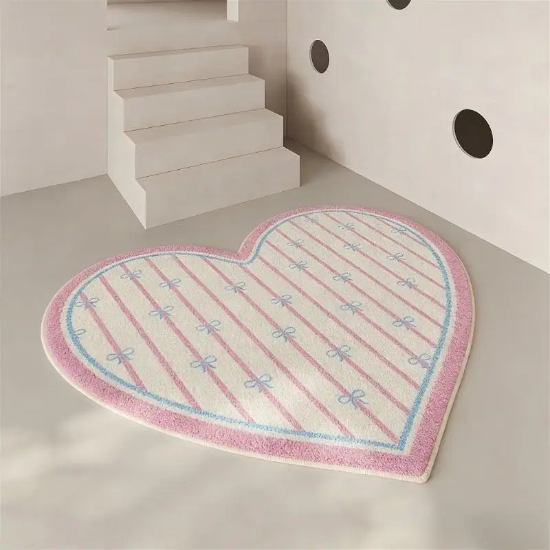 VIKAMA Pink Heart Bow Round Rug Cute Carpet For Living Room Bedroom Girls Room Non Slip Floor Mat Kids Nursery Valentine Decor