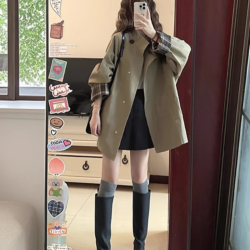 Women's Spring Autumn New Solid Color Style Windbreaker Jacket Long Sleeve Polo Collar Casual Elegant Fashion Korean Trench
