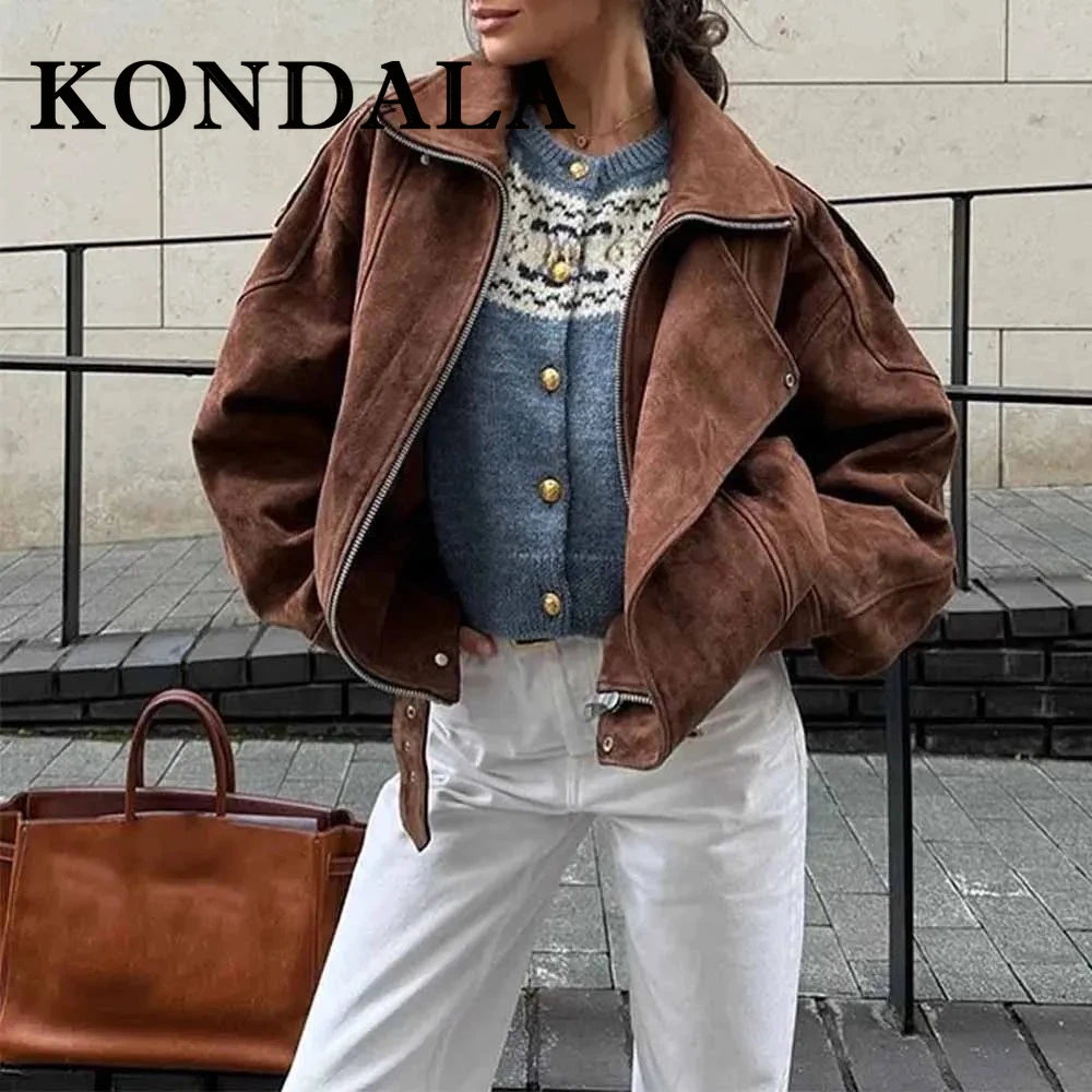 

KONDALA Chic Maillard Streetwear Woman Zipper Belt Jackets Fashion 2025 Spring Straight Vintage High Street Mujer Short Coats