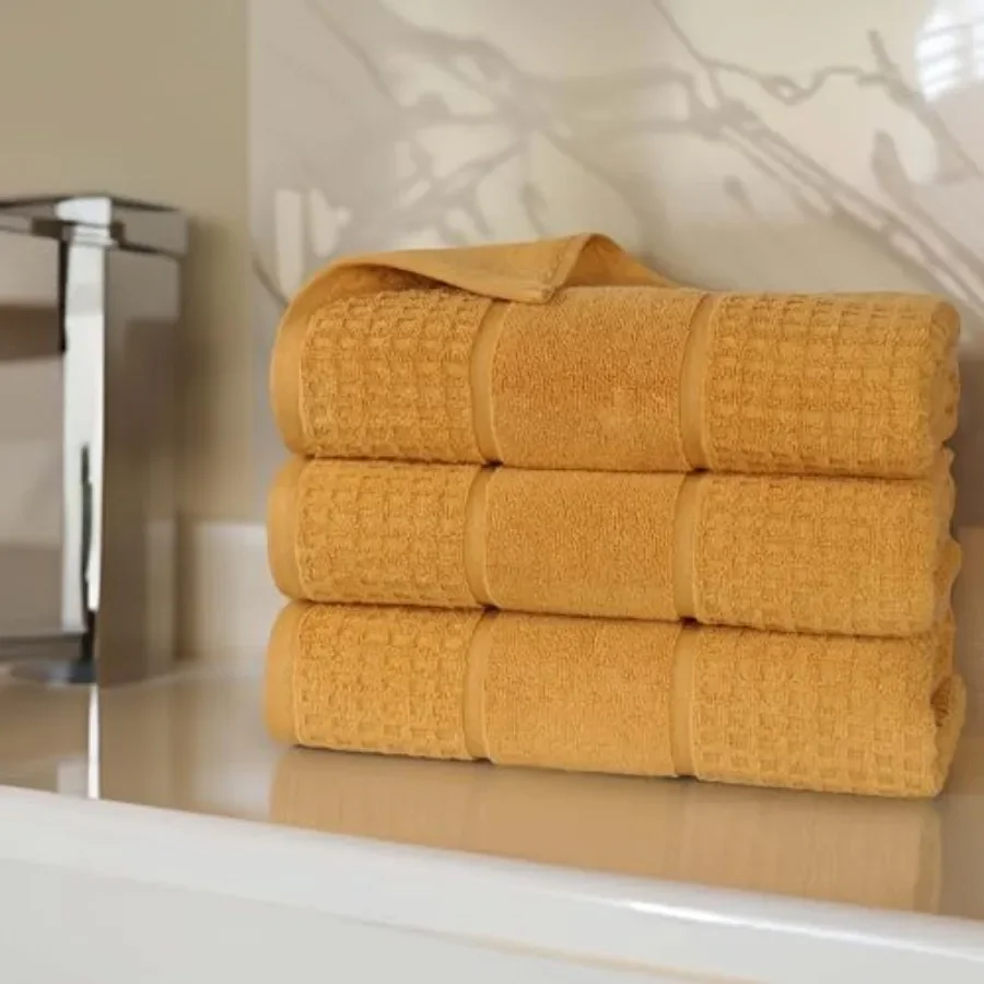 

Cotton Bath Towel Set for Home Spa Hotel Pool Guest Bathroom: Zero Twist Waffle Border Large Plush Absorbent Body Towels in Gol