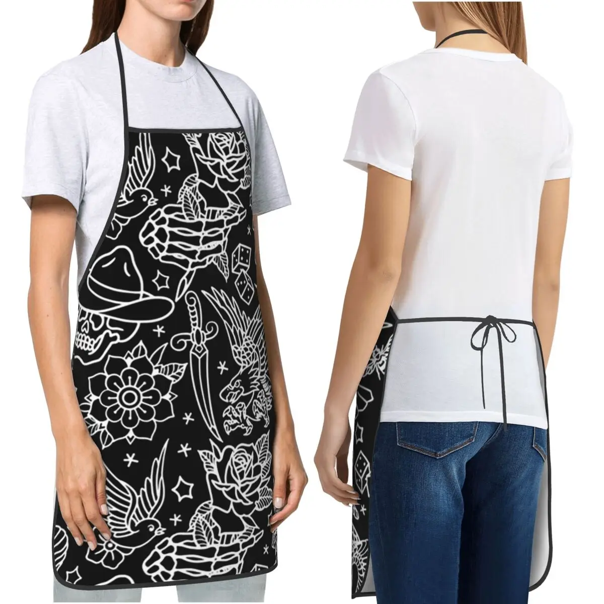 American Traditional Tattoo Flash Print Apron Chef Cooking Cuisine Tablier Bib Kitchen Cleaning Pinafore for Women Men Gardening