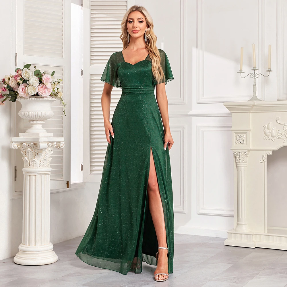 Women Elegant Square Neck Shiny Tulle Evening Dress A-line Side Slit Dark Green Prom Dresses Long Birthday Party Dress