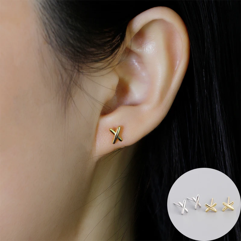 

100% 925 Sterling Silver Geometric Studs Earrings for Women Girl Simple Cross X-shaped Design Jewelry Party Gift Dropshipping