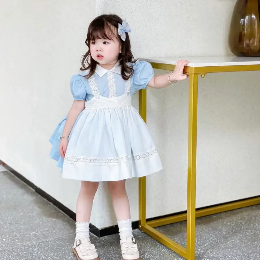 2PCS Baby Girls Clothes Lace Design Birthday Party Infant Toddler College Style Girls Dresses A2461 Summer Dress  Ropa Niña