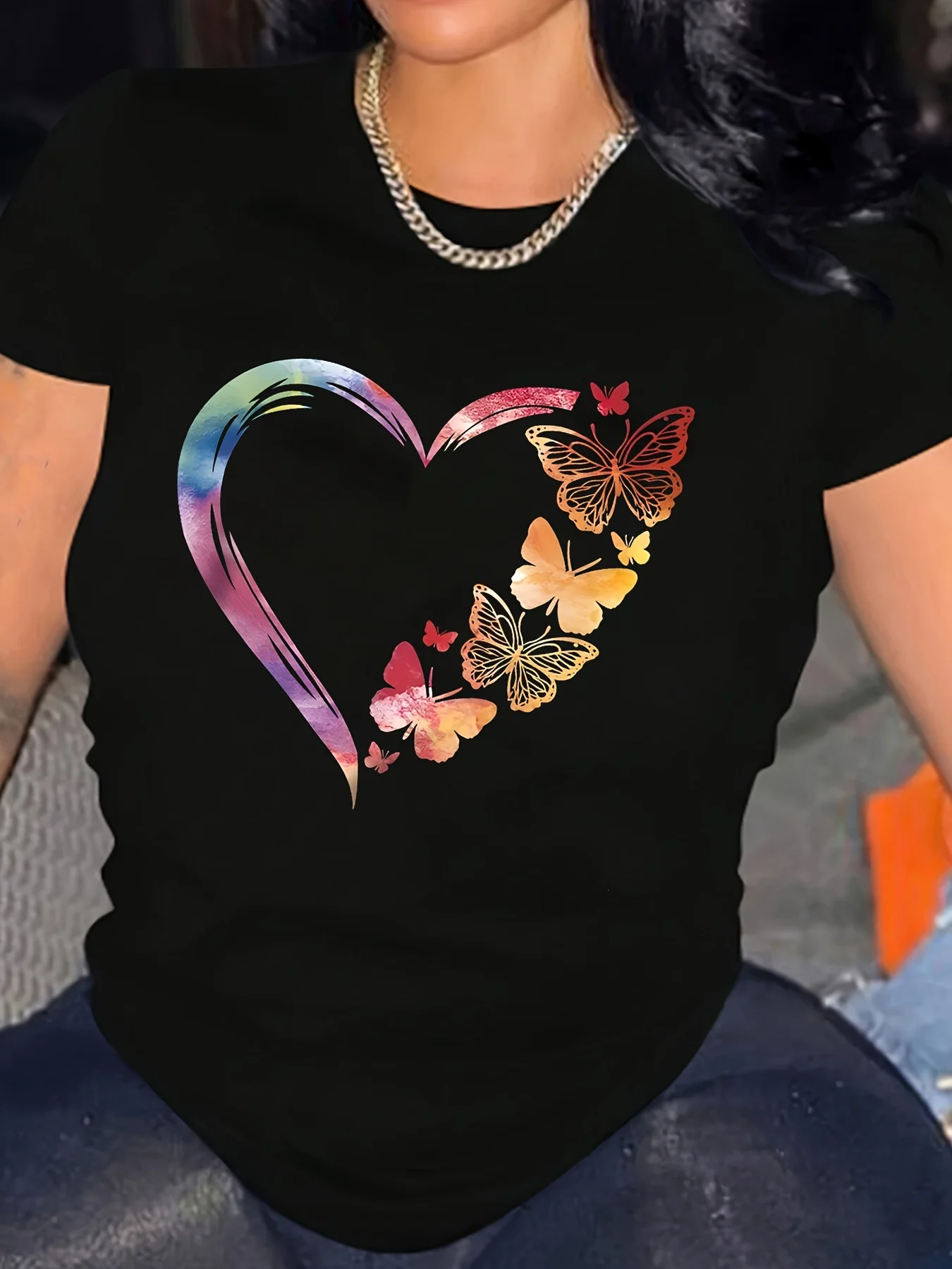 Summer women's colorful heart-shaped butterfly print casual sports loose round neck short sleeved T-shirt top