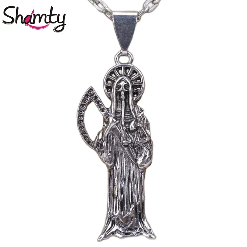 Shamty Trendy Grim Reaper Necklace State Charms Antique Retro Silver Color Death Scythe Pendant Necklace Prevent D30009