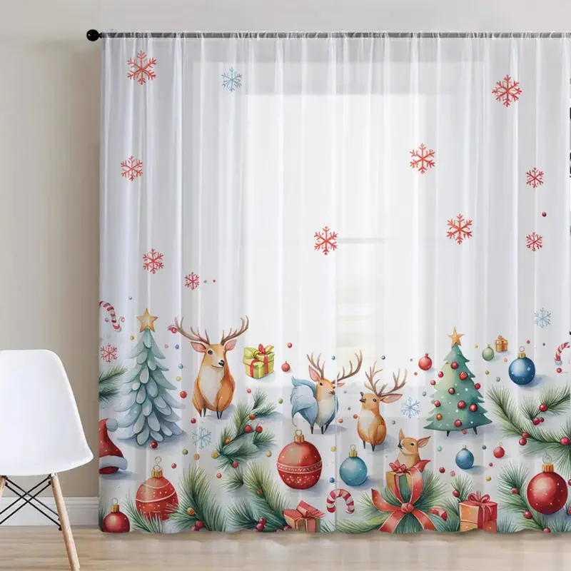 2pcs Christmas reindeer colored ball thin sheer curtains with pole bag design, suitable for decoration in various scenes