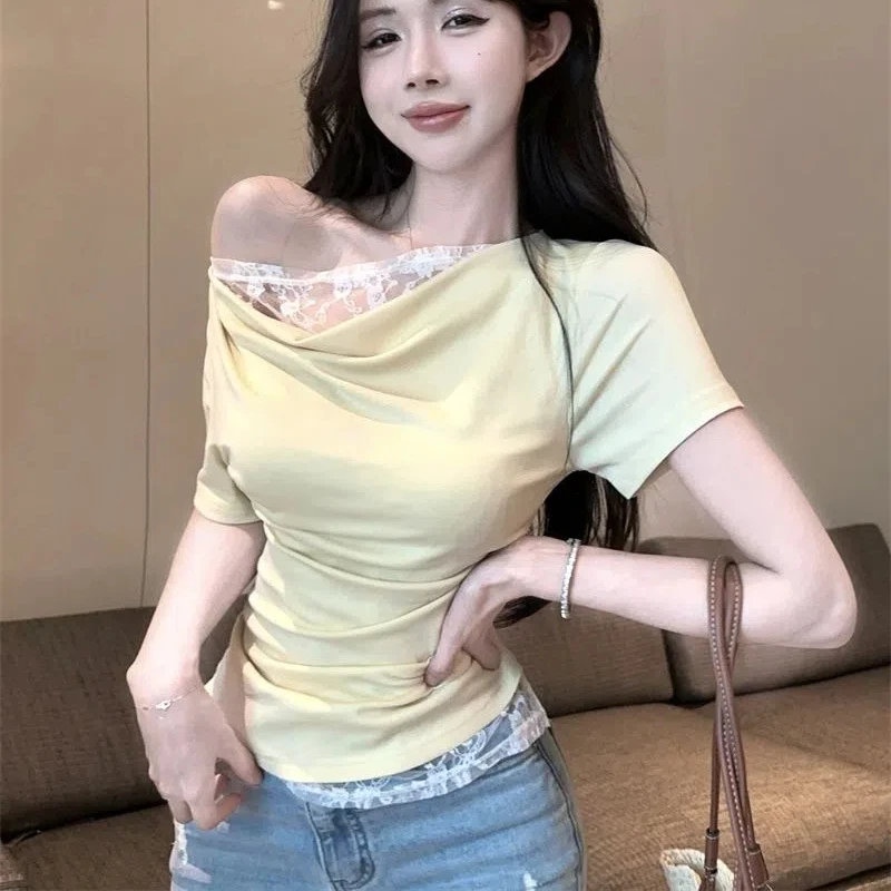 الحلو الدانتيل المرقعة سليم القمم النساء ملابس الصيف جديد قصيرة الأكمام الصلبة غير النظامية الكورية تي شيرت موضة مثير ملابس حريمي