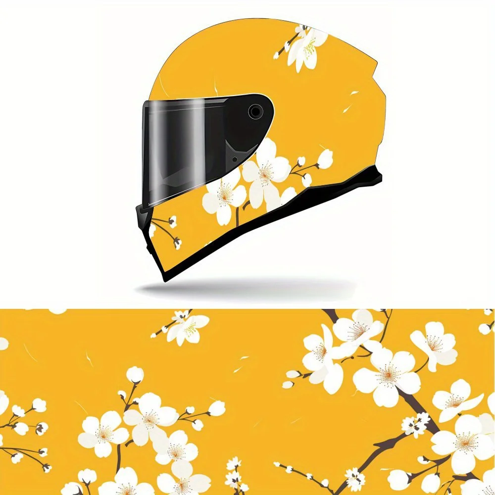 Decalques para capacete com padrão de flores brancas em ramos amarelos, PVC durável e à prova d'água, autoadesivo para corrida de motocicletas H