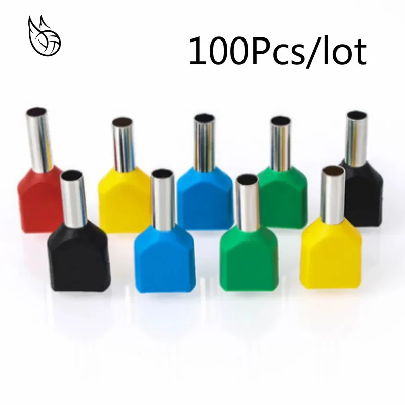 100PCS E Tube TE0508 Type Double Pipe Insulated Twin Cord Cold-press Terminal Block Connector Needle End Multicolor 2X0.5mm2