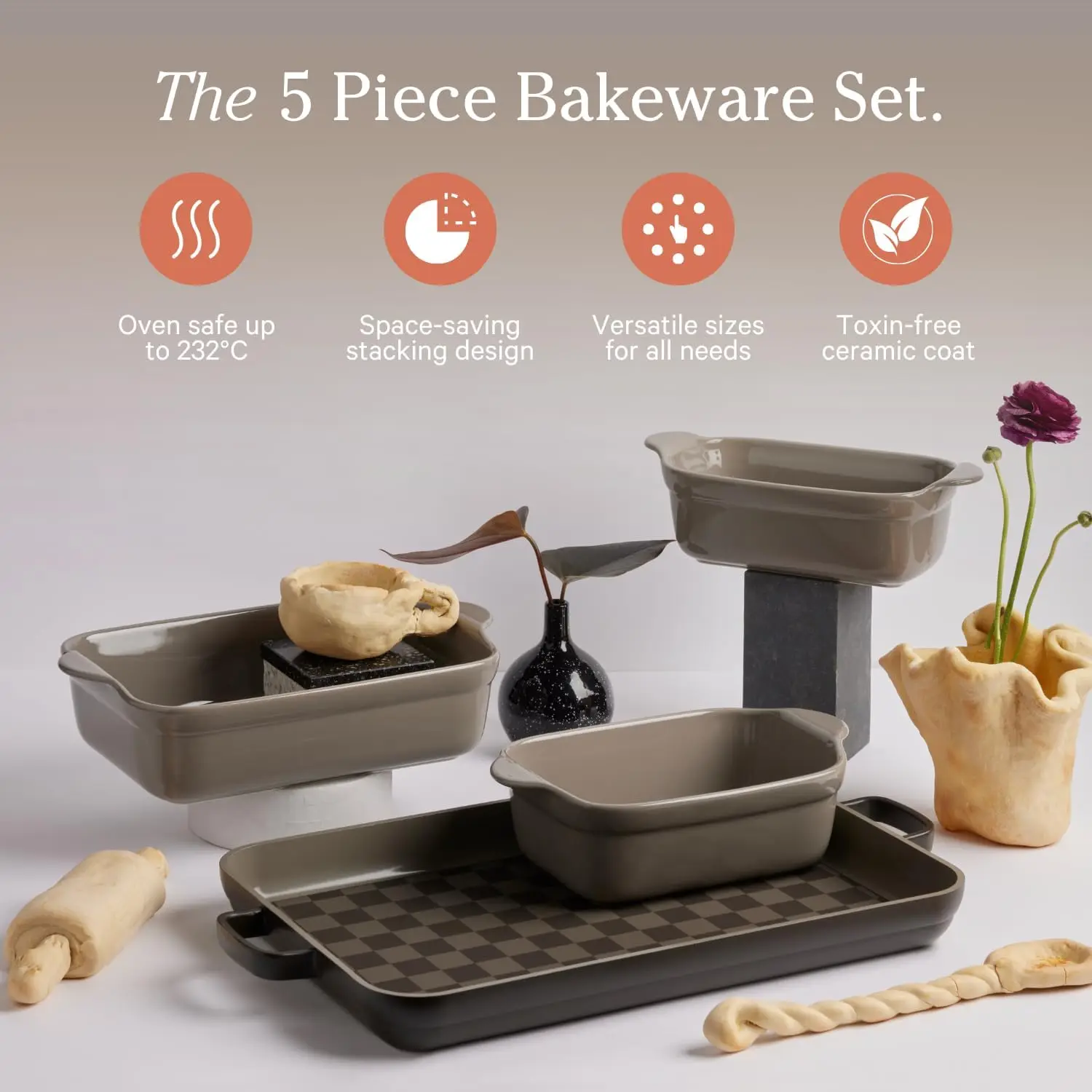 Our Place Bakeware Set 5-Piece Nonstick Toxin-Free Ceramic Stoneware Set with Oven Pan Bakers Oven Mat Space-Saving Char