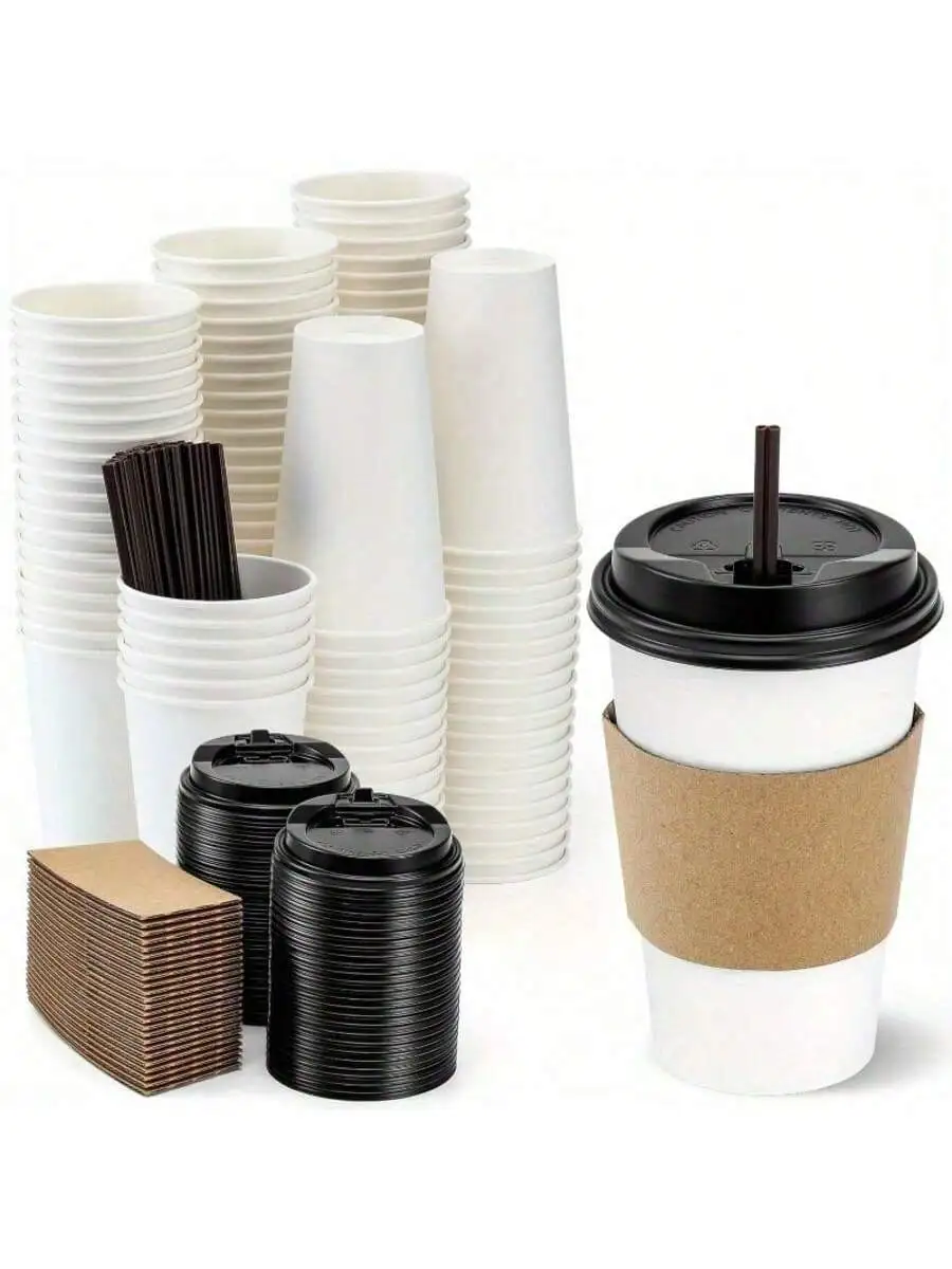 

150 Pack 16oz Disposable Coffee Cups with Lids and Sleeves Paper Cups with Straws for Hot Cold Beverages Modern Durable Drink