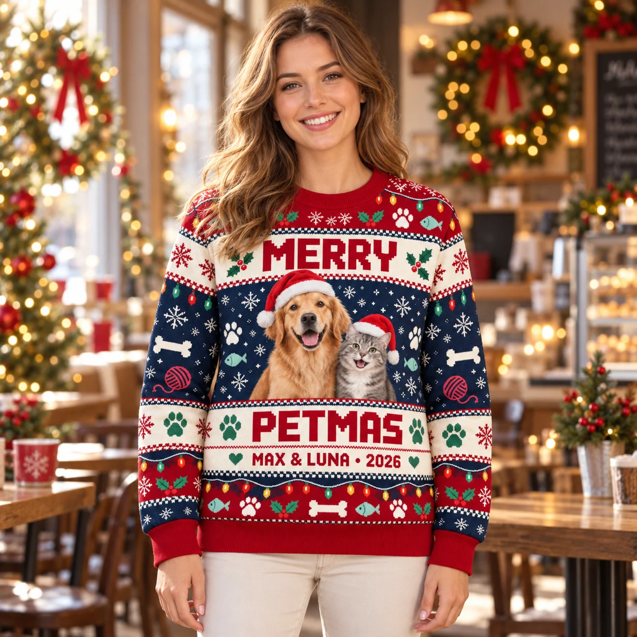 DIY Personalized Animal Portrait Ugly Christmas Sweater Your Pet Photo and Name Printed Crewneck Sweaters for Winter Parties