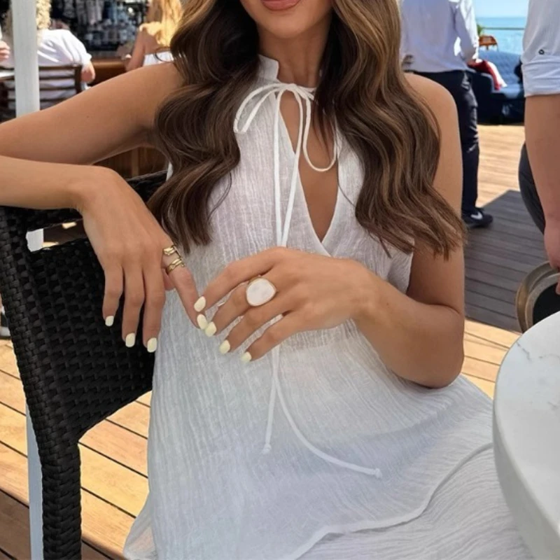 

2 Pieces Sets Elegant Simple Casual Style Solid Sleeveless Halter Tie Up Tops Sheer Long A-line Skirt Suit Women's Mori Summer