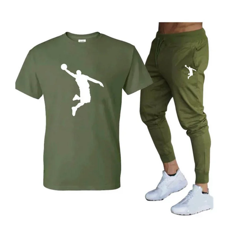 Ropa deportiva de Hip-hop para hombre, Conjunto de camiseta y pantalones, traje de Fitness para correr, camiseta informal, cuello redondo, verano,