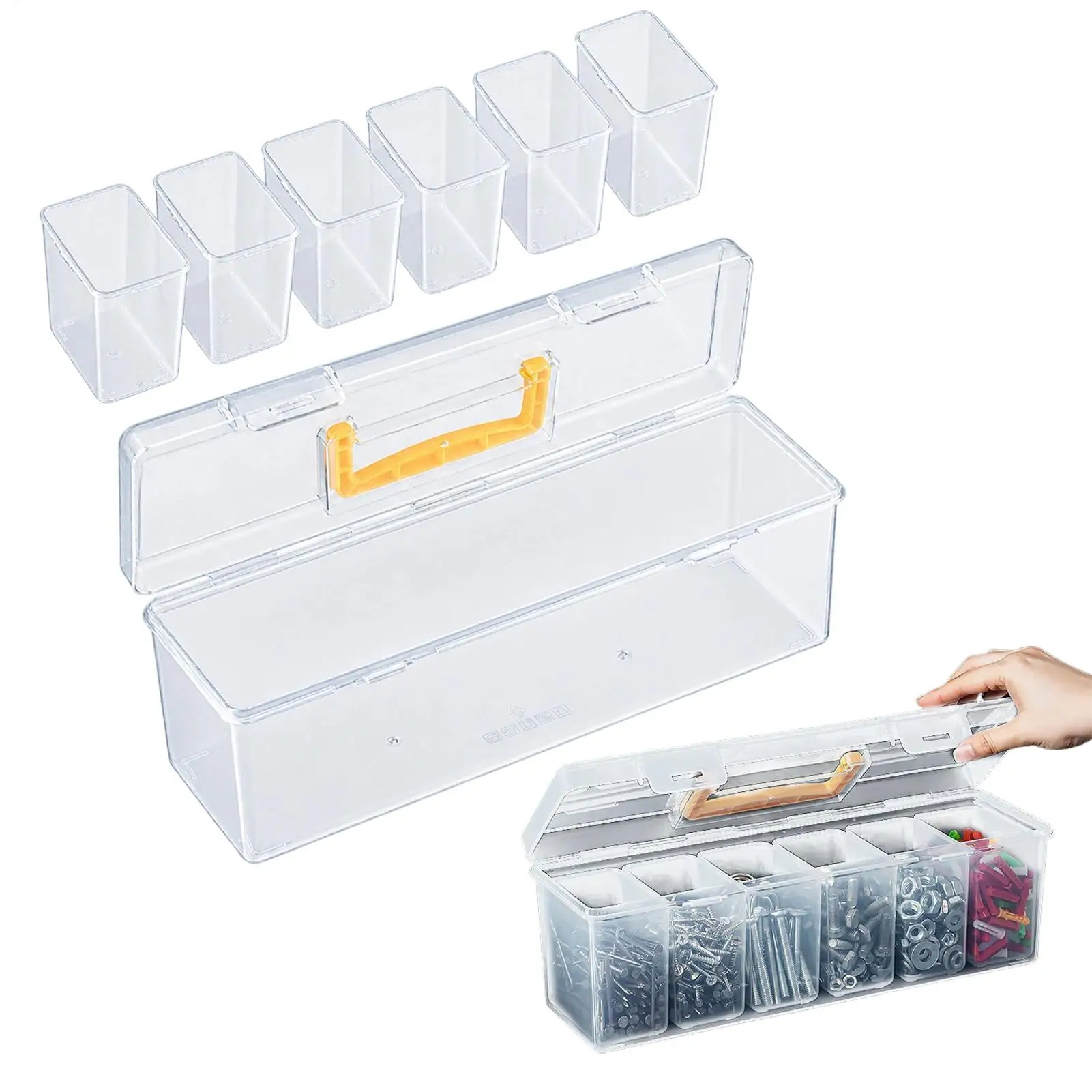 6-Grid Clear Storage Box with Handle Lid Small Parts Organizer Tool Nail Organization for Tools Tackle Jewelry Makeup Home Offic