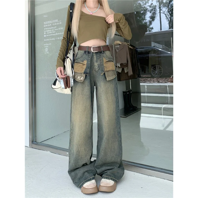 

Джинсы-клеш для женщин, одежда в центре города, палаццо, широкая драпировка, жидкая женская одежда, джинсовая мода, элегантный, шикарный, модный, современный