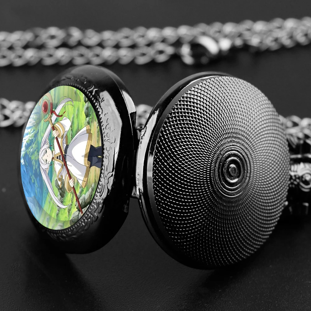 Frieren: Beyond Journey's End Glass Dome Pocket Watch with Chain Necklace Vintage Quartz Pendant Watches Mens Women Gifts