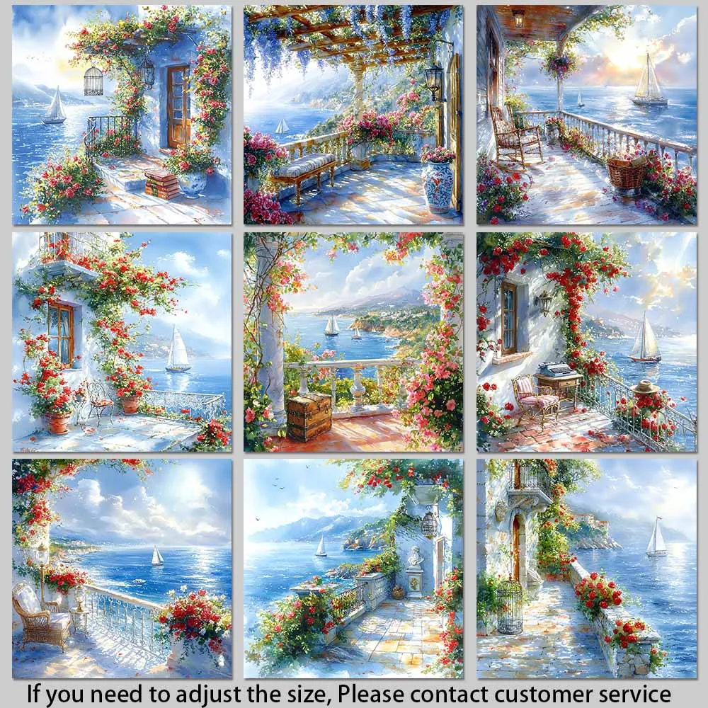 Coastal Balcony Illustration Red Rose Vine Art Mediterranean Style Art Iron on Picture on Clothes Colorful Creations DIY Craft