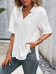 Elegant women's shirt, women's white shirt, short sleeved shirt, casual white button up women's shirt, top