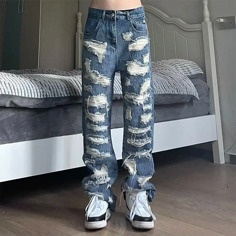 American Style Broken Hole Old Jeans Loose Hundred New Pants Men\'s Streetwear Baggy Jeans  Y2k Jeans Ripped Jeans Men Pants