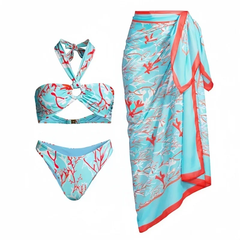 

2024New Bikini Halter Sexy Print Gauze Skirt Split Swimsuit Three-Piece Suit