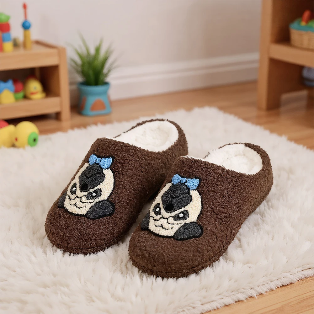Pug Pattern Flat Thermal Slippers Anti Slip Comfortable Furry Slippers Thick-Soled Soft Plush Slippers Gift for Friends
