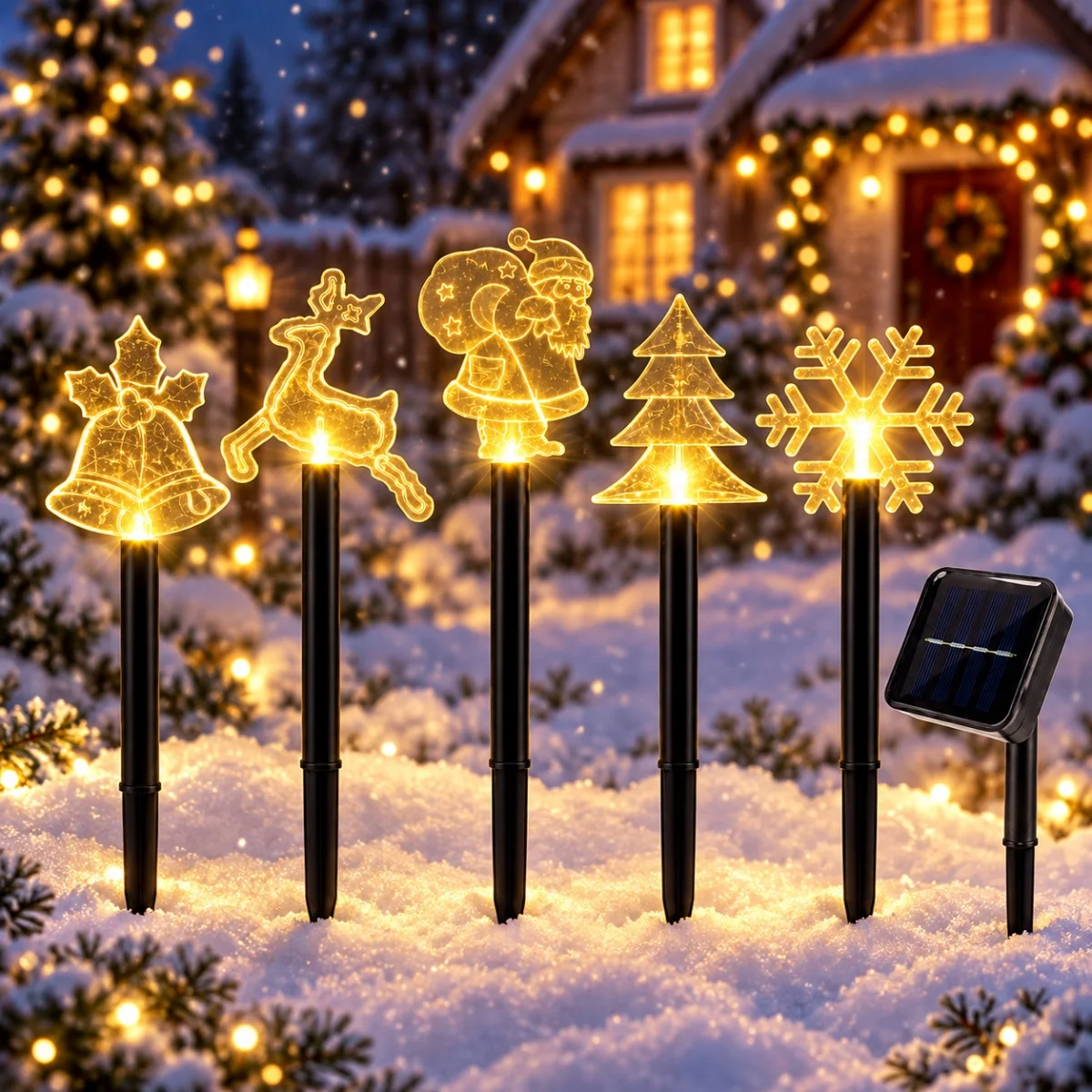 5Pack/set Solar Christmas Stake Lights Xmas Pathway Lamp with Bell Reindeer Santa Claus Tree Snowflake for Festival Decoration ﻿
