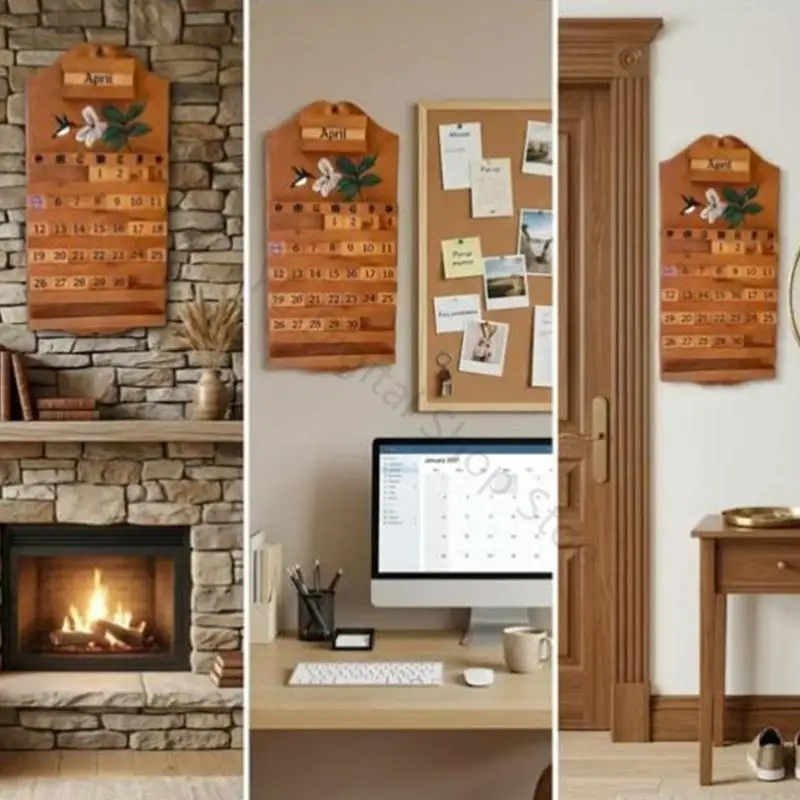96BA Dauerhafter Wandkalender aus Holz mit anpassbaren Datums- und Monatsblöcken für den Schreibtisch – Detail 9