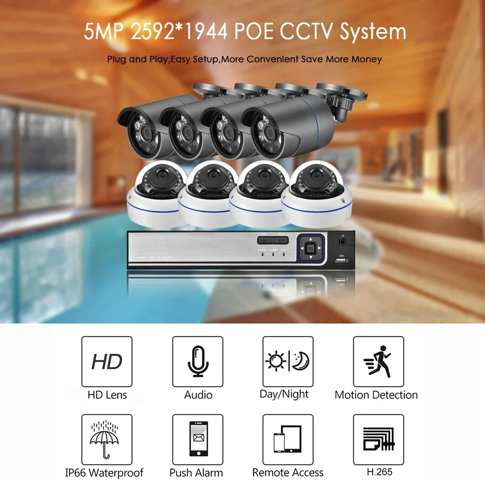 AZISHN Face Detection H.265+ 8CH 5MP POE NVR Kit Audio CCTV System 5MP Metal IP Camera P2P Indoor Outdoor Video Surveillance Set