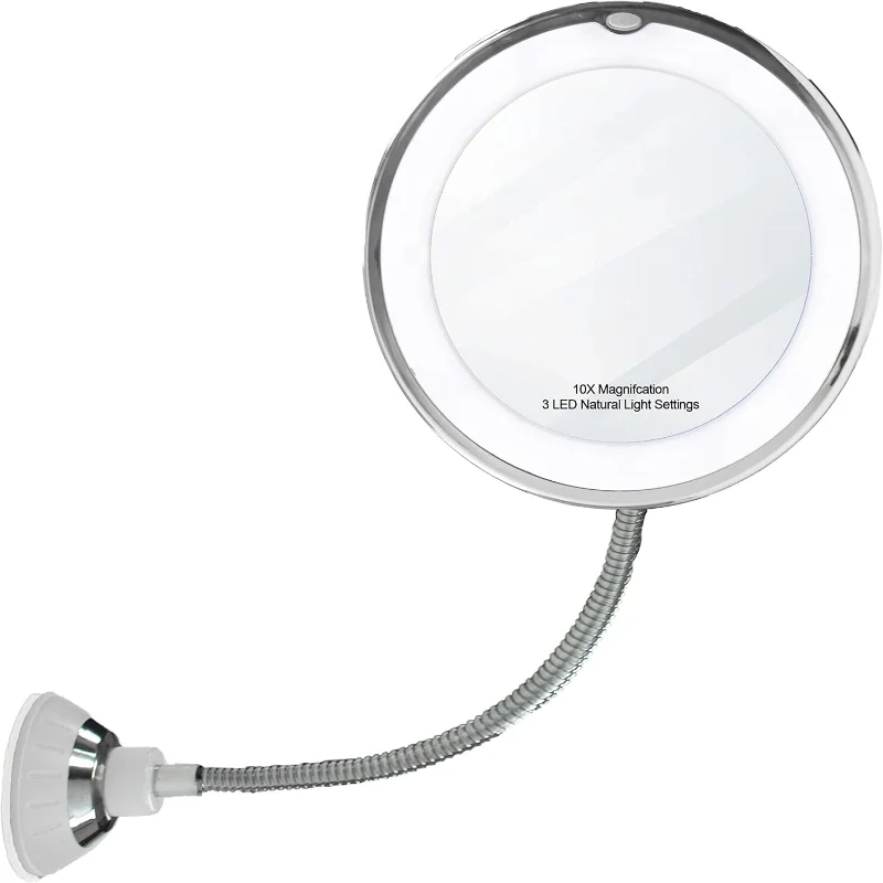 

10x Magnifying Suction Cup Mirror with 14 LED Lights - 6.5" Bathroom Makeup Vanity Adjustable Light, Rotating Flexi