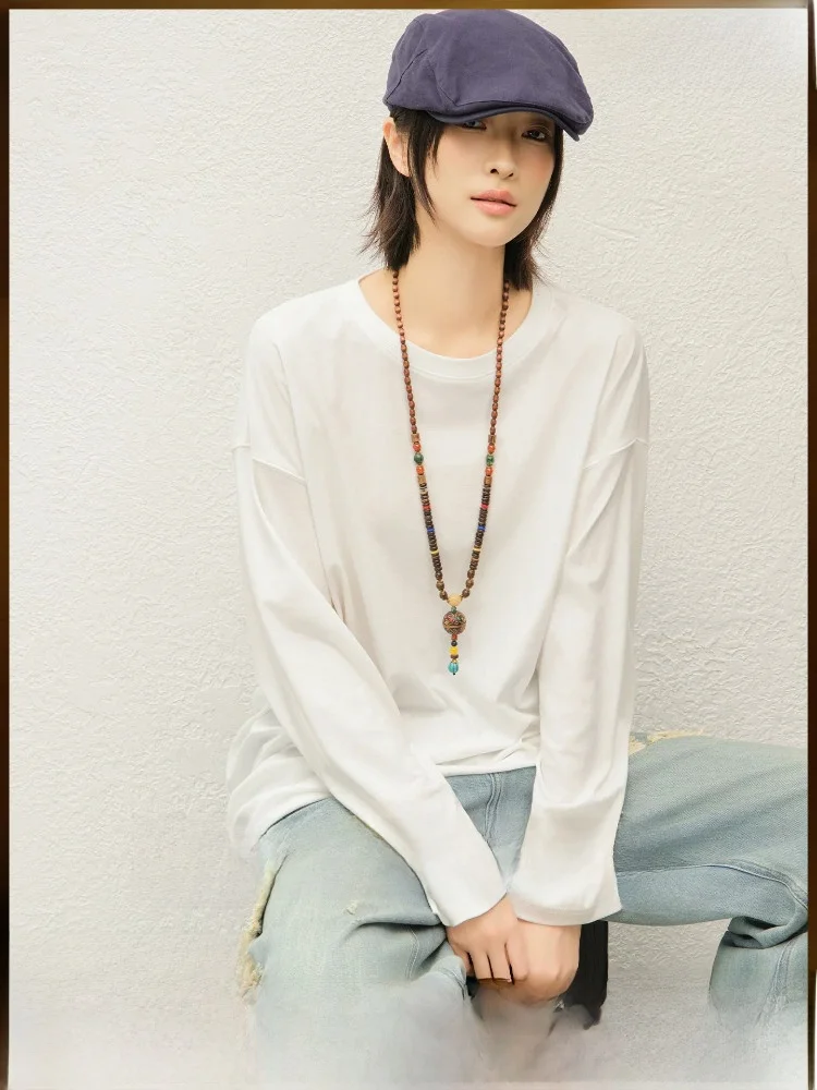 

MeiYang Pure Cotton Long Sve round Ne Casual Top Women's Loose Fit Classic Pattern Comfortable Daily Wear T-irt