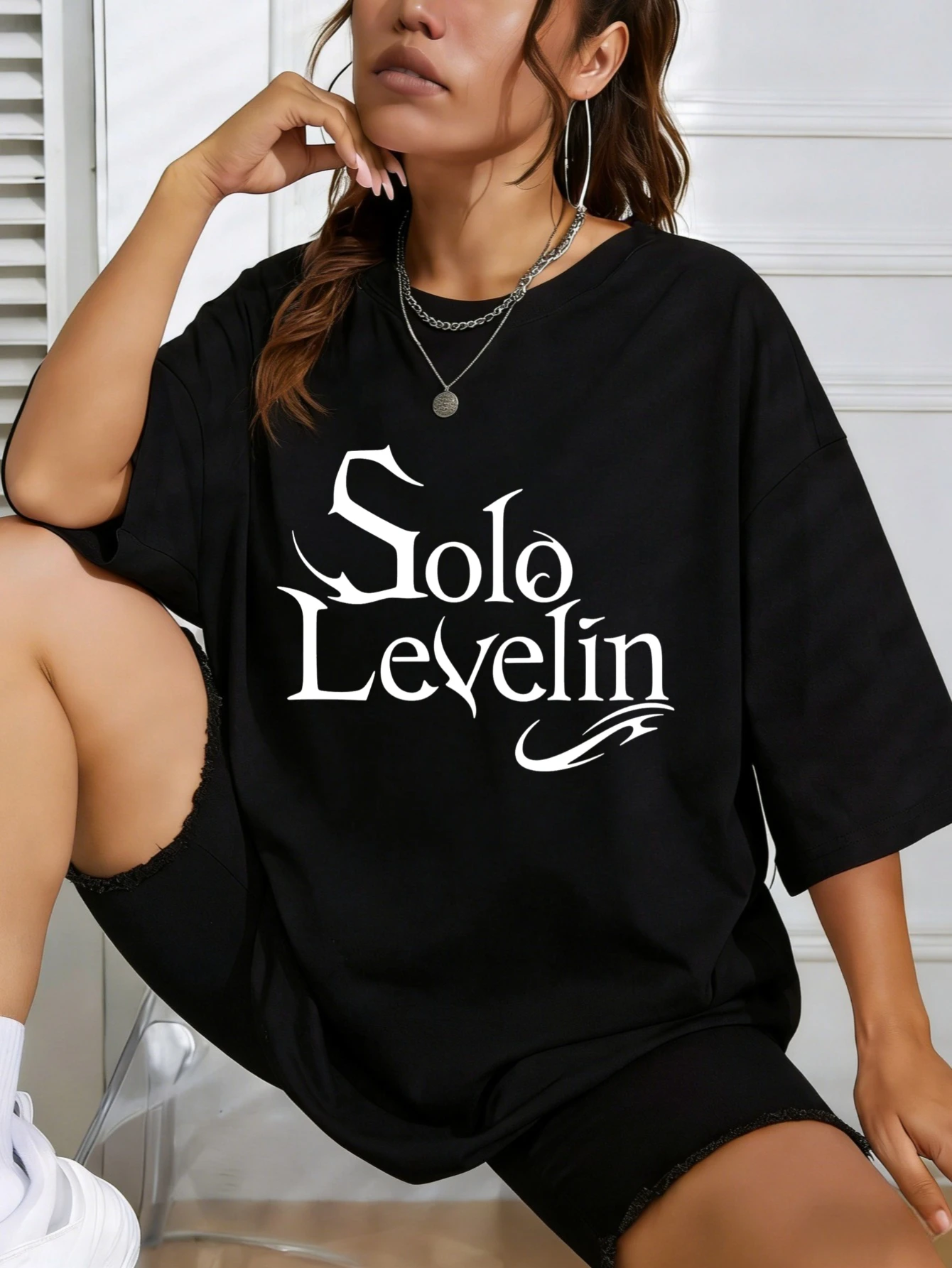 

Womens T Shirt, Solo Levelin Printed Oversized Cotton Casual Summer Graphic Tee for Women