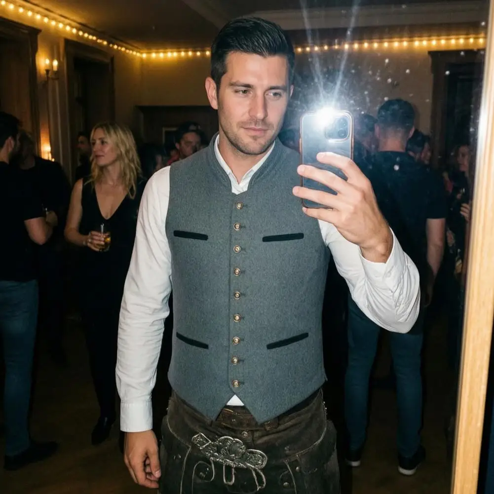 Men Oktoberfest Vest, Traditional Costume Waistcoat, Stand-Up Retro Sleeveless Jacket for Wedding Holiday Party