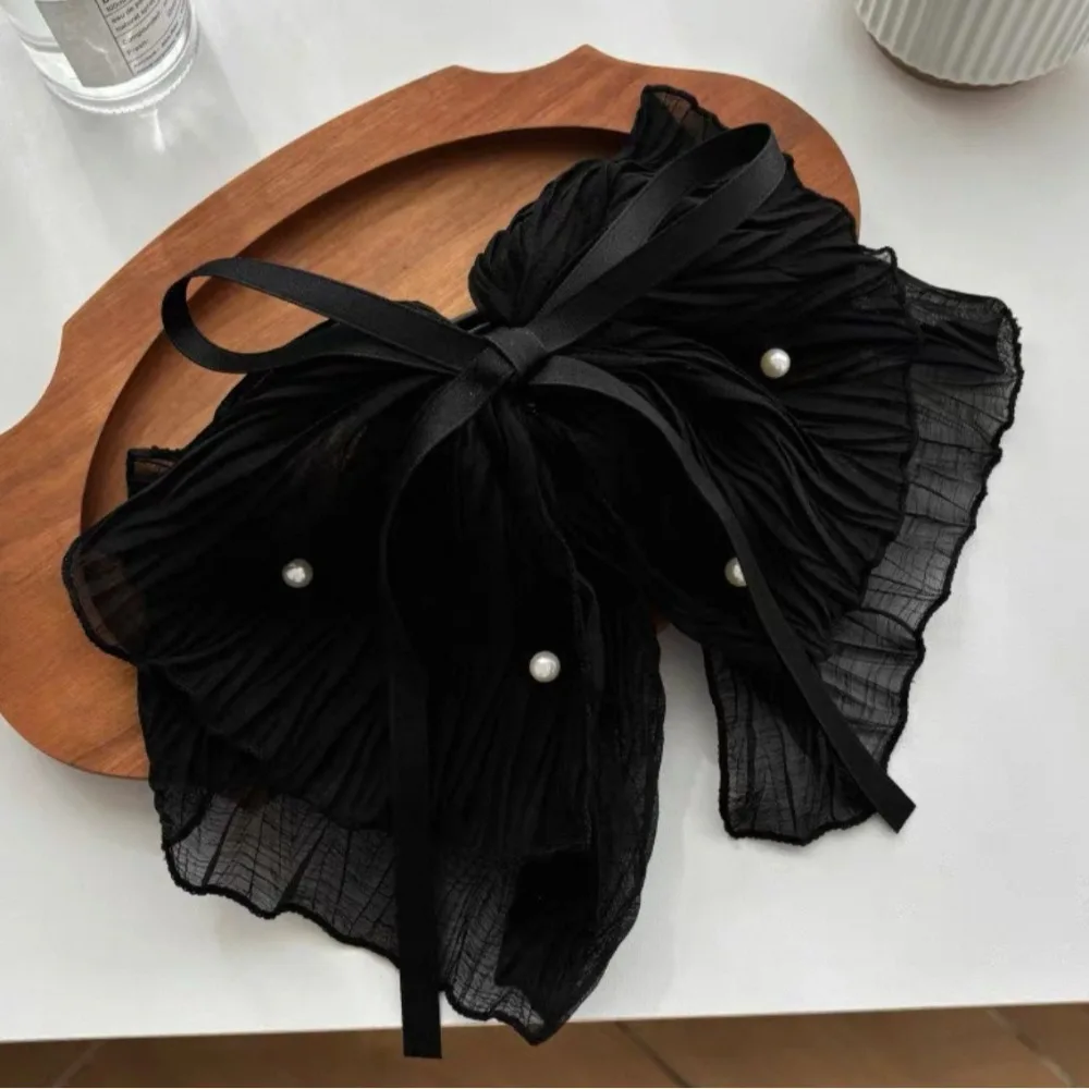 Super Fairy Bow Mesh Pearl Grab Clip Elegant Korean Style Pearl Bow Half-tie Hair Clip Headwear Ponytail Headband