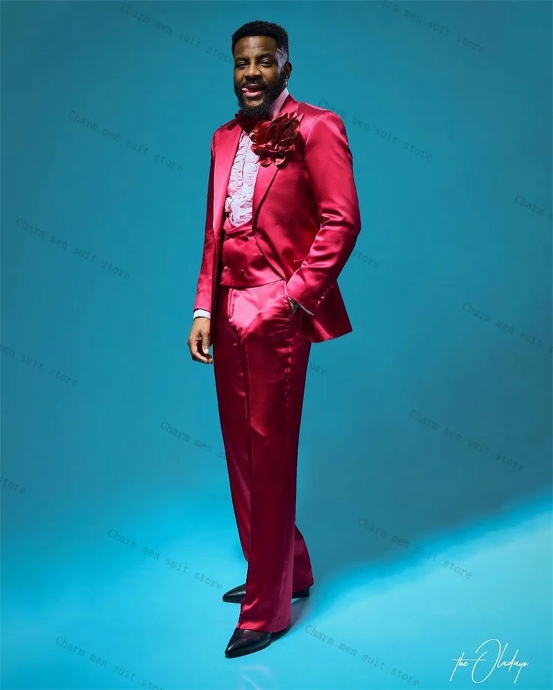 

Red Satin Men Suits Set 3 Pcs Vest+Blazer+Pant Trousers Wedding Tuxedo Shiny 3D Flower Formal Office Business Groom Jacket Coat