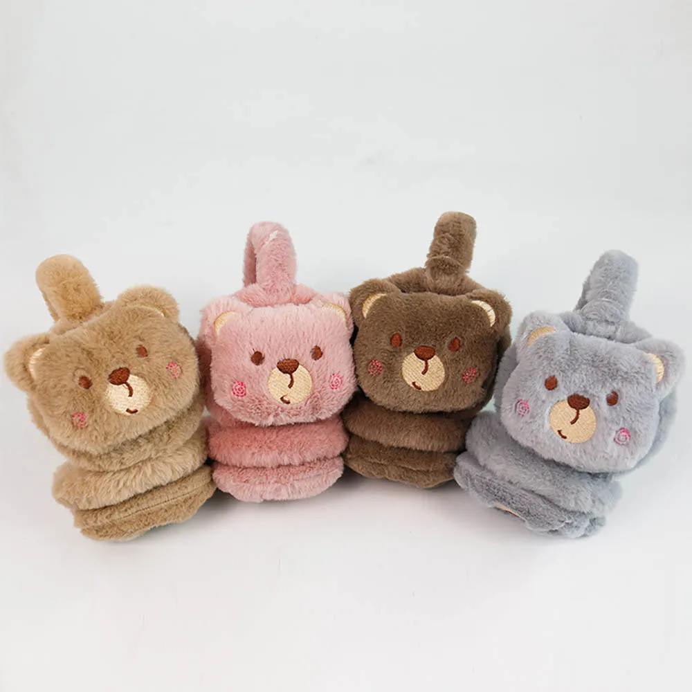 Orejeras de oso de peluche de dibujos animados, orejeras cálidas de terciopelo grueso, calentadores de orejas para ciclismo al aire libre, cubiertas plegables para mujeres y niñas