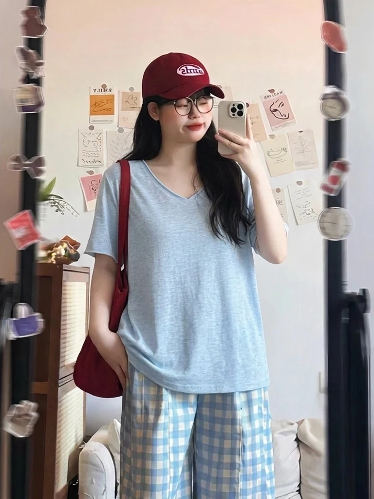 plus Size  Color V-Neck Short Sleeve T-Shirt Women's Summer Casual Loose Commute Versatile Top Large Size Slimming Effect