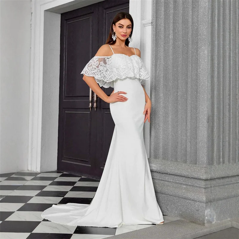 Mermaid Chiffon Lace Spaghetti Straps Bridesmaid Dresses Wedding Party Formal Evening Prom Floor Length Sweep Train Zipper Back