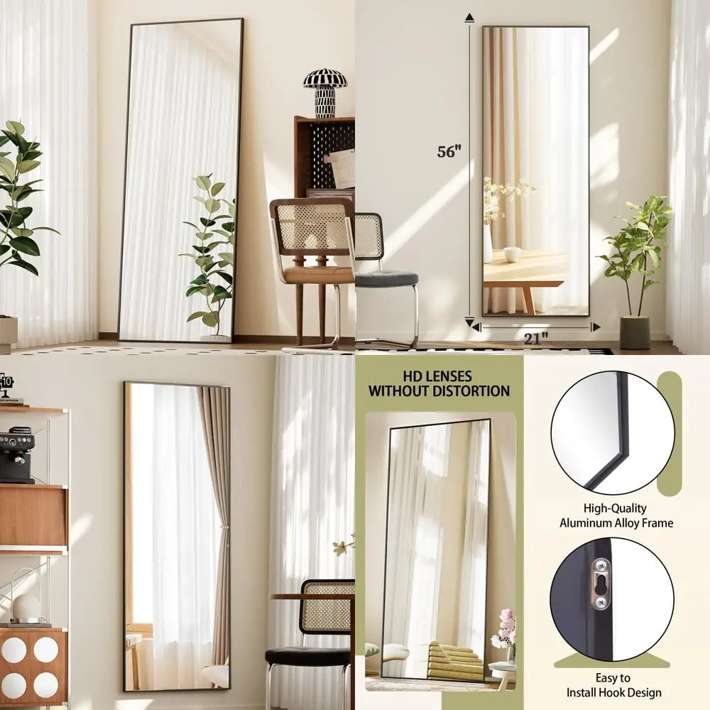 مرآة أرضية طويلة 56 × 21 بإطار من الألومنيوم، مقاومة للكسر، قائمة بذاتها أو مثبتة على الحائط، مثالية لغرفة المعيشة باللون الأسود #1