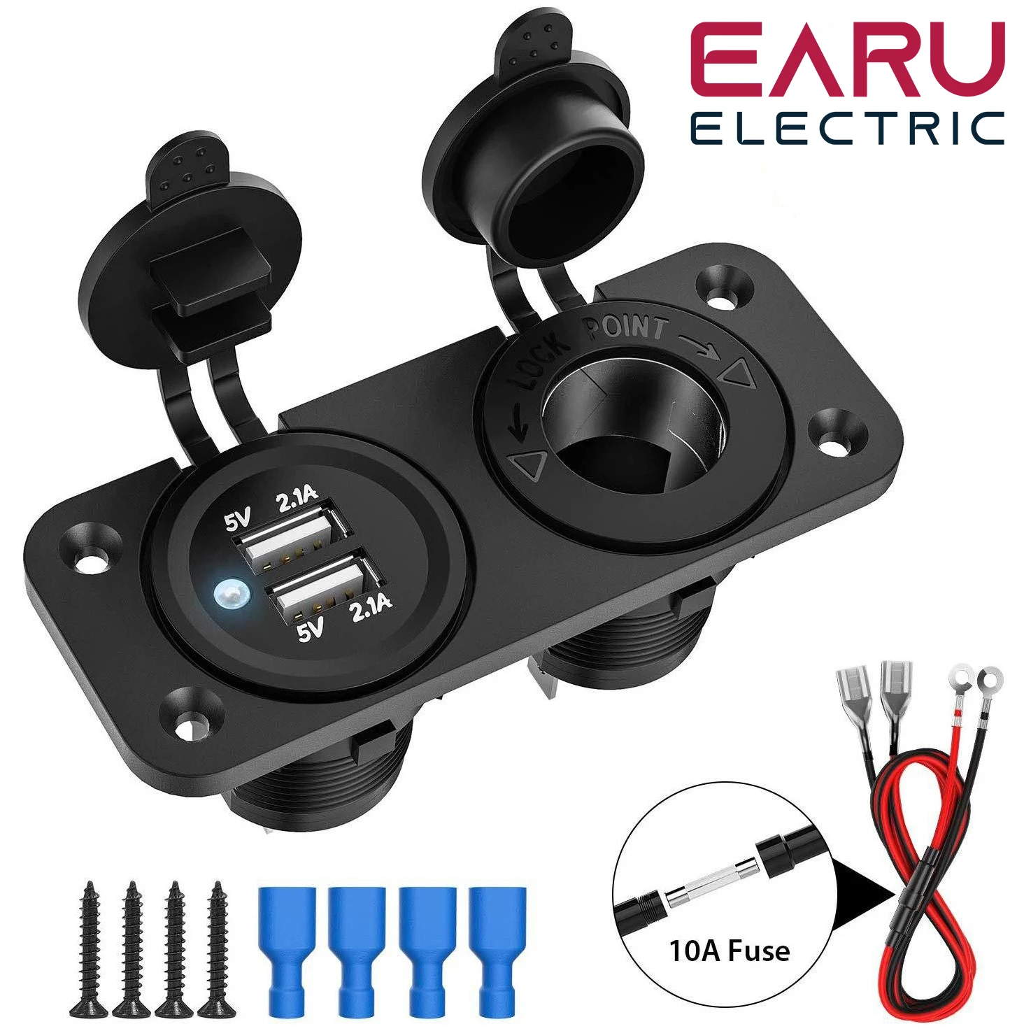 earu Cigarette Lighter Socket Splitter 12V Dual USB Charger Power Adapter Outlet for Car Boat Marine Motorcycle Scooter RV DIY