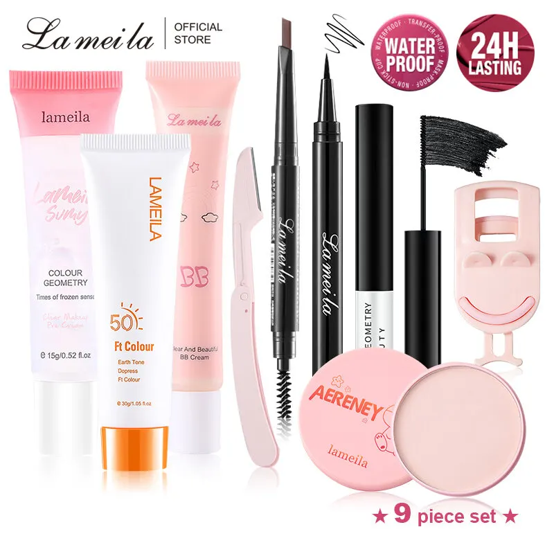 Lameila-Ensembles de maquillage, 9 pièces, BB crème, eye-liner, crayon pour les yeux, mascara, crème protectrice, poudre, pré-maquillage, 80.Outils de maquillage