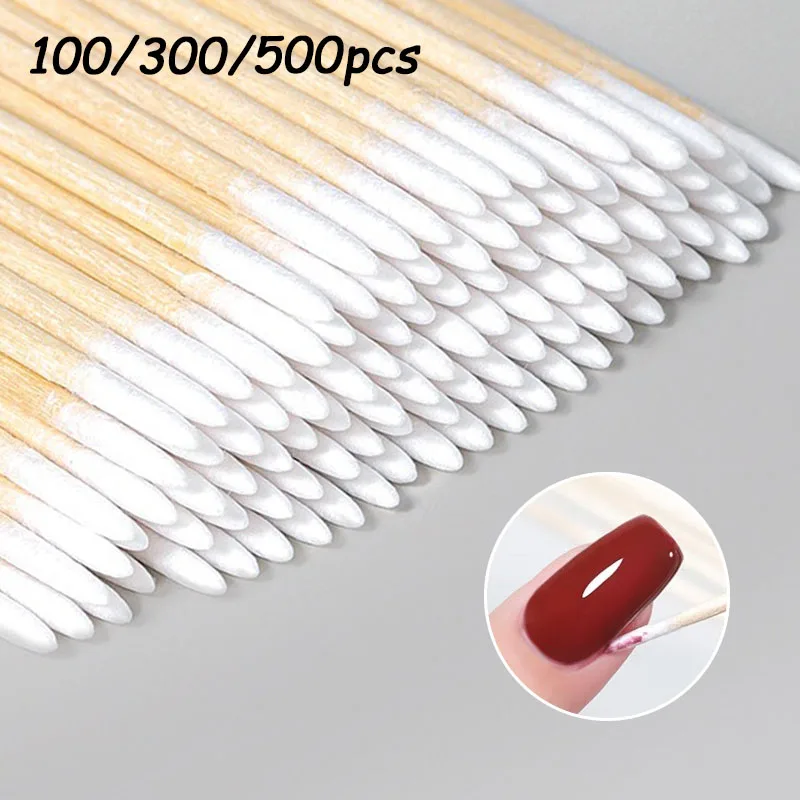 New 100/300/500Pcs Nails Wood Swab Cleaning Cotton Head Sticks Wooden Bud Tip Manicure Detail Nail Polish Remover QJB01